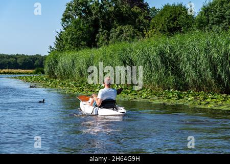 Blick über den Fluss Oud Alblas, Niederlande, mit einer Person im Kajak, die an einem schönen Sommertag an den Schilfbetten entlang fährt Stockfoto