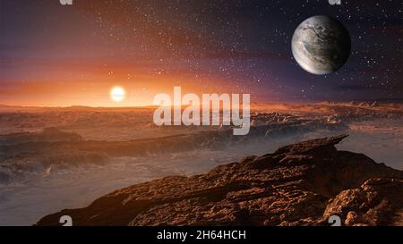 Landschaft auf dem Planeten Mars, malerische Wüste und Felsen auf dem roten Planeten.die Sonne geht über dem Horizont auf.Sonnenaufgang.Alien Landschaft.Elemente dieses Bildes Furni Stockfoto