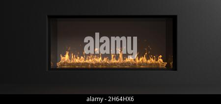 Energiekamin an einer schwarzen Wand, moderne, minimalistische Zimmereinrichtung. Brennendes Feuer strahlt Wärme aus, warmes Haus im Winter, Flammen hinter Glas, Banner. 3d-Abb. Stockfoto