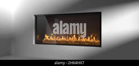 Energiekamin an einer weißen Wand, moderne, minimalistische Zimmereinrichtung. Brennendes Feuer strahlt Wärme aus, warmes Haus im Winter, Flammen hinter Glas, Banner. 3d-Abb. Stockfoto