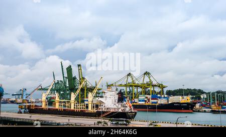 Containerkrane laden Container am Brani Terminal entlang des Keppel Hafens zu Schiff. Stockfoto