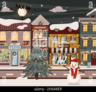 Vector Winterstraße für Weihnachten. Cartoon-Illustration mit einem Weihnachtsbaum, Häusern, einem Schneemann und festlichen Dekorationen. Europäische Städte an Stock Vektor