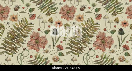 Vintage botanisches Muster. Waldhintergrund mit Schmetterlingen, Käfer, Kräutern, Farn, Blumen. Aquarellelemente. Handzeichnung Stockfoto
