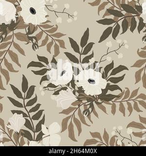 Botanische Abbildung. Vintage-Blumenmuster mit zarten Anemonen und Blättern. Geeignet für die Gestaltung von Geschenkpapier, Stoff, Tapete, Kulissen Stockfoto