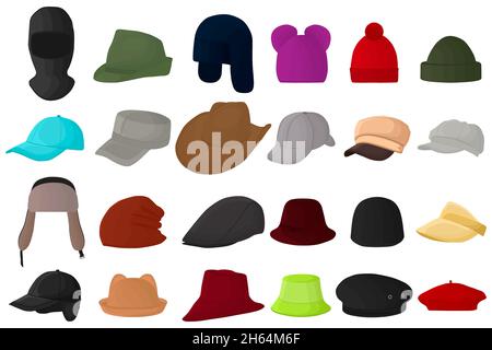 Illustration zum Thema große Kit verschiedene Arten Hüte, schöne Kappen in weißem Hintergrund. Mützen Muster bestehend aus Sammlung verschiedene Hüte zum Tragen Stock Vektor