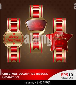 Eine Kollektion von dekorativen und reflektierenden Weihnachtsbändern mit Goldverzierung Stock Vektor