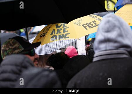 Melbourne, Australien. 13. November 2021. Demonstranten benutzen ihre Regenschirme als Freiheitsplatten während eines Protestes gegen die Regierung von Andrew vor den Schritten des State Parliament in Melbourne. Tausende von Demonstranten mussten den Regen ertragen, um gegen die Impfstoffmandate sowie gegen das drakonische Pandemie-Gesetz der Regierung Andrews zu kämpfen. Kredit: Dave Hewison/Speed Media/Alamy Live Nachrichten Stockfoto