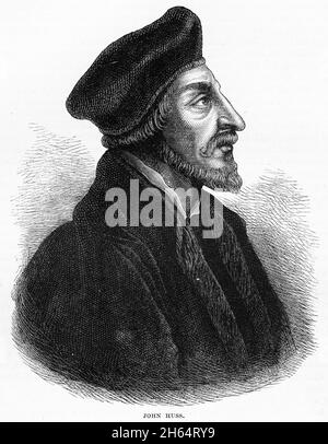 Stich von Jan Hus (c. 1372 – 1415), manchmal als John Hus oder John Huss anglikiert, und in historischen Texten als Iohannes Hus oder Johannes Huss bezeichnet, tschechischer Theologe und Philosoph, der zum Kirchenreformer und zur Inspiration des Hussitentums wurde, ein wichtiger Vorgänger des Protestantismus und eine bahnbrechende Figur in der böhmischen Reformation. Stockfoto