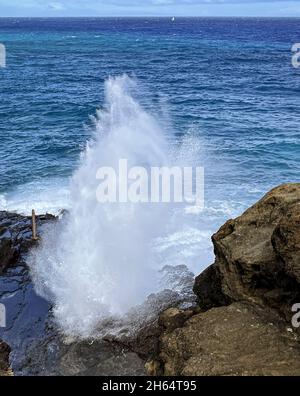 Die Brandung steigt durch das berühmte Blow-Hole an der Küste von Oahu, Hawaii. Stockfoto