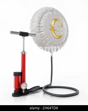 Handpumpe pumpt den Ballon mit Euro-Symbol auf. 3D-Illustration. Stockfoto