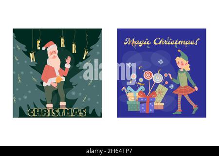 Weihnachtsmann und Elfen Figuren in Weihnachten Grußkarten Sammlung. Weihnachts- und Neujahrsbanner und -Karten-Set, flache Vektorgrafik. Stock Vektor