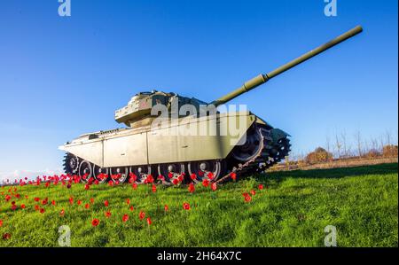 Leyland, Großbritannien. 13. November 2021. Der klare blaue Himmel läutet einen hellen, sonnigen Tag in Lancashire ein. Ein alter Centurion-Panzer der britischen Armee steht am Kreisverkehr, der Flensburg Way und Penwortham Way verbindet, auf einem mit Mohn geschmückten Hügel für eine Gedenkfeier für diejenigen, die in den Dienst ihres Landes gestellt wurden. Eines von mehreren Denkmälern, die das industrielle Erbe der Stadt feiern. Stockfoto