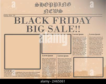 Black Friday und Big Sale Schlagzeile auf alten verblassten Vorlage Zeitung Hintergrund. Modell „Black friday“. Vektorgrafik Stock Vektor