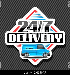 Vektorlogo für 24/7 Delivery, weiße isolierte Beschilderung mit Illustration eines blauen Transporters, einzigartiger Bürstenschriftzug für Word 24/7 Delivery, Rhombus Stock Vektor