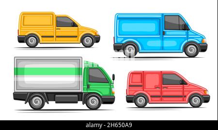 Vektor-Satz von Lieferwagen, Sammlung von 4 ausgeschnittenen Illustrationen bunte kommerzielle van mit leeren Kopieplatz auf Seitenansicht, Satz von verschiedenen Cartoon Stock Vektor