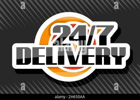 Vektor-Logo für 24/7 Delivery, weißes isoliertes Schild mit Illustration bunte Kreise, einzigartiger Dekorationsschriftzug für black Word 24/7 Delivery, Stock Vektor