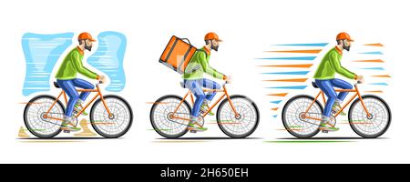 Vektor-Set von Fahrrädern mit Kurier, Sammlung von 3 ausgeschnittenen Illustrationen Männer, die auf dem Fahrrad fahren, tragen grüne Jacke und orangefarbene Kappe auf weißem Hintergrund Stock Vektor