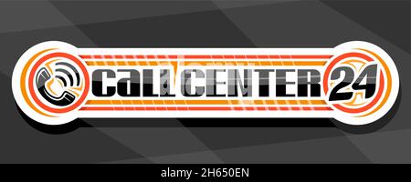 Vektor-Banner für Call Center, weißer dekorativer Titel mit Darstellung von roten und orangen Kreisen, einzigartige Pinselbeschriftung für Wörter Call Center 24, IS Stock Vektor