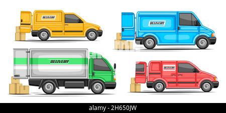 Vektor-Set von Lieferwagen, Kollektion von 4 ausgeschnittenen Illustrationen Bunte kommerzielle van mit Wort Lieferung auf Seitenansicht, Satz von verschiedenen Lieferung mi Stock Vektor