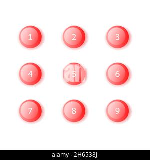3D bullet Point Vektor Illustration Set - isolierte helle bunte runde Zeiger mit Zahlen von 1 bis 9. Volumetrische Tasten mit Schatten für Stock Vektor