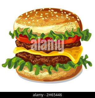 Abbildung des Hamburger-Sandwiches mit Burger, Tomaten und Käse Stock Vektor