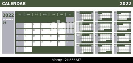 Kalender 2022 Woche Start Sonntag Design-Planer mit grün und grau, Stock-Vektor Stock Vektor