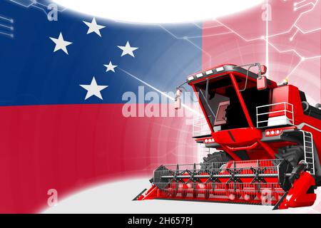 Digitale industrielle 3D-Illustration von rotem Roggenaggregat auf Samoa-Flagge - Innovationskonzept für landwirtschaftliche Ausrüstung Stockfoto