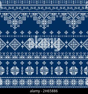 Bosnien und Herzegowina Volkskunst Vektor nahtlose Muster als die traditionelle Zmijanje Stickerei Design in weiß auf marineblau gestylt Stock Vektor