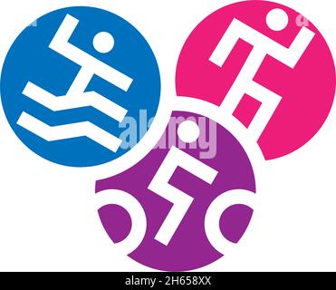 Design-Vorlage für Triathlon-Logo. Einfacher Sport-Logotyp-Satz. Schwimmen, Laufen und Fahrrad-Symbole. Stock Vektor