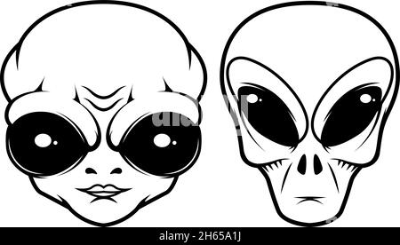 Illustration des Kopfes von Alien in monochromen Stil. Designelement für Logo, Etikett, Schild, Emblem. Vektorgrafik Stock Vektor