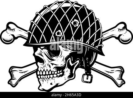 Abbildung des Soldaten Schädels in Militärhelm mit gekreuzten Knochen. Designelement für Logo, Etikett, Schild, Emblem. Vektorgrafik, Illustration o Stock Vektor