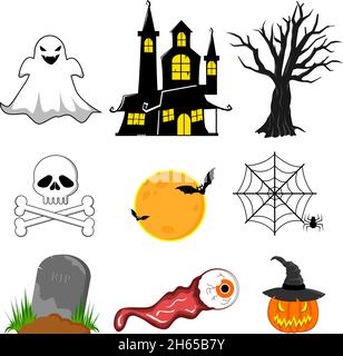 Set von halloween-Symbol und Charakter. Vektorgrafik. Isoliert auf weißem Hintergrund Stock Vektor