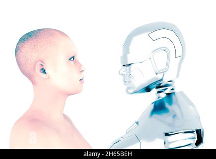 Digitale Welt und analoge Welt, menschliche Frau und Roboterfrau, die Zukunft der Menschheit. Die Evolution der Art. Frau und Roboter im Profil Stockfoto