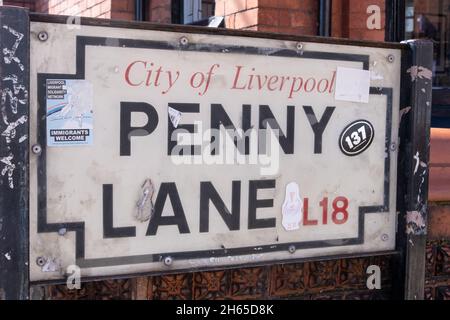 Penny Lane Straßenschild in Liverpool Merseyside Mai 2021 Stockfoto