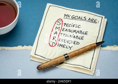 Meine Ziele sind intelligent (spezifisch, messbar, erreichbar, aufgezeichnet und zeitgerecht) – Zielsetzung, geschäftliches oder persönliches Entwicklungskonzept, handschriftlicher Text Stockfoto
