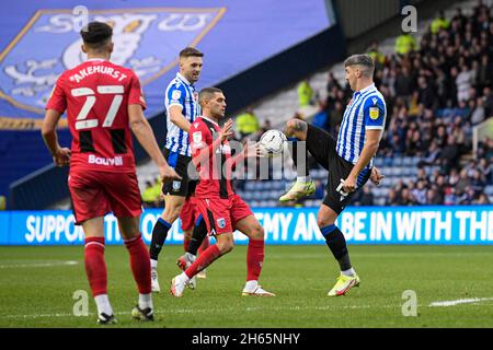 Sheffield, Großbritannien. November 2021. Callum Pherson #13 von Sheffield Mittwoch konkurriert um den Ball in Sheffield, Großbritannien am 11/13/2021. (Foto von Simon Whitehead/News Images/Sipa USA) Quelle: SIPA USA/Alamy Live News Stockfoto