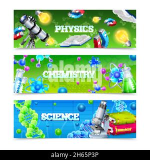 Science horizontale Banner Set mit Icons Sammlung für chemisch-biologische Und physikalische Labor Experiment Vektor Illustration Stock Vektor