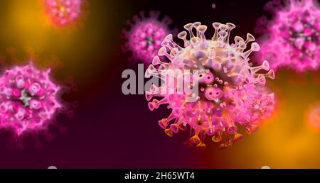 3D-Illustration mit Coronavirus auf blauem Hintergrund Stockfoto