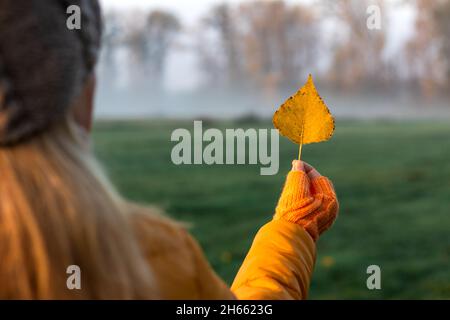 Frau mit gelbem Blatt im Freien. Herbst nebligen Morgen in der Natur. Schönheit in der Natur. Blonde Frau trägt warme Kleidung Stockfoto