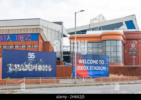 Werbetafeln der Rangers FC 55 League im Ibrox Stadium, Edmiston Drive, Ibrox, Glasgow, Schottland, Großbritannien, Europa Stockfoto