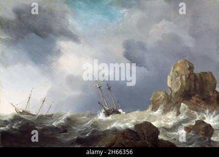 Ships in a Gale des niederländischen Künstlers Willem van de Velde the Younger (1633-1707), Öl auf Tafel, 1660 Stockfoto