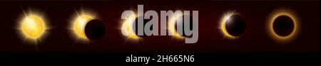 Totale und partielle Sonnenfinsternis im vollen Zyklus, realistisches Sonnenglühen und Sonnenschein Ring in verschiedenen Stadien wissenschaftlichen Poster Hintergrund. Sonnenfinsternis in Stock Vektor