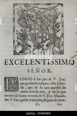 Tränen der Liebe, vergossen von der bedeutenden Stadt Barcelona... in den großartigen Trauerritualen, die der geliebten und verehrten Erinnerung an ihren verstorbenen König und Herrn Don Carlos II.… gewidmet sind ('Lagrimas amantes de la excelentissima ciudad de Barcelona, con que agradecida a las reales finezas y beneficios, demuestra su amor y su dolor, en las magnificas exequias que celebró a las amadas y venerables memorias de su difunto Rey y Señor, D. Carlos II'). Von Josep Rocaberti. Edition in Barcelona, im Druck von Juan Pablo Marti, von Francisco Barnola, 1701. Historische Militärbibliothek von Barcelona, Catal Stockfoto