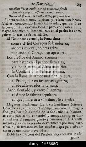 Tod von Karl II. Von Spanien (1661-1700). Geschichte der Beerdigung in der Kathedrale von Barcelona, Montag, 29. November 1700. Tränen der Liebe, vergossen von der bedeutenden Stadt Barcelona... in den großartigen Trauerritualen, die der geliebten und verehrten Erinnerung an ihren verstorbenen König und Herrn Don Carlos II.… gewidmet sind ('Lagrimas amantes de la excelentissima ciudad de Barcelona, con que agradecida a las reales finezas y beneficios, demuestra su amor y su dolor, en las magnificas exequias que celebró a las amadas y venerables memorias de su difunto Rey y Señor, D. Carlos II'). Von Josep Rocaberti. Bearbeiten Stockfoto