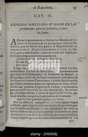 Tod von Karl II. Von Spanien (1661-1700). Offizielle Trauertage in der Stadt Barcelona. Tränen der Liebe, vergossen von der bedeutenden Stadt Barcelona... in den großartigen Trauerritualen, die der geliebten und verehrten Erinnerung an ihren verstorbenen König und Herrn Don Carlos II.… gewidmet sind ('Lagrimas amantes de la excelentissima ciudad de Barcelona, con que agradecida a las reales finezas y beneficios, demuestra su amor y su dolor, en las magnificas exequias que celebró a las amadas y venerables memorias de su difunto Rey y Señor, D. Carlos II'). Von Josep Rocaberti. Edition in Barcelona, im Druck von Stockfoto