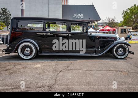 Reno, NV - 6. August 2021: 1929 Packard Deluxe Eight Hearse auf einer lokalen Automesse. Stockfoto