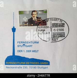 DEUTSCHLAND - UM 1995: Die Briefmarke zeigt ein Porträt von Guglielmo Marconi anlässlich 100 Jahre Radio. Die Briefmarke hat einen speziellen Poststempel d Stockfoto