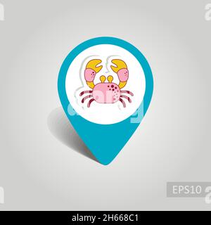 Krabbe Vektor pin Symbol Karte. Strand Kartenzeiger. Sommer Karte Markierungen. Sommer. Ferienhäuser, eps 10. Stock Vektor