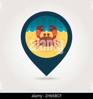 Krabbe Vektor pin Symbol Karte. Strand Kartenzeiger. Sommer Karte Markierungen. Sommer. Ferienhäuser, eps 10. Stock Vektor