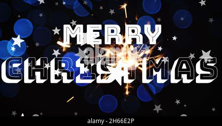 Bild von fröhlichem weihnachtstext über Lichtflecken und fallenden Sternen Stockfoto